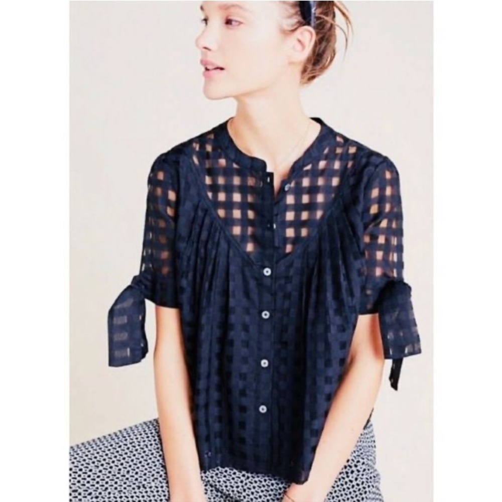 Anthropologie Navy Checkered Blouse